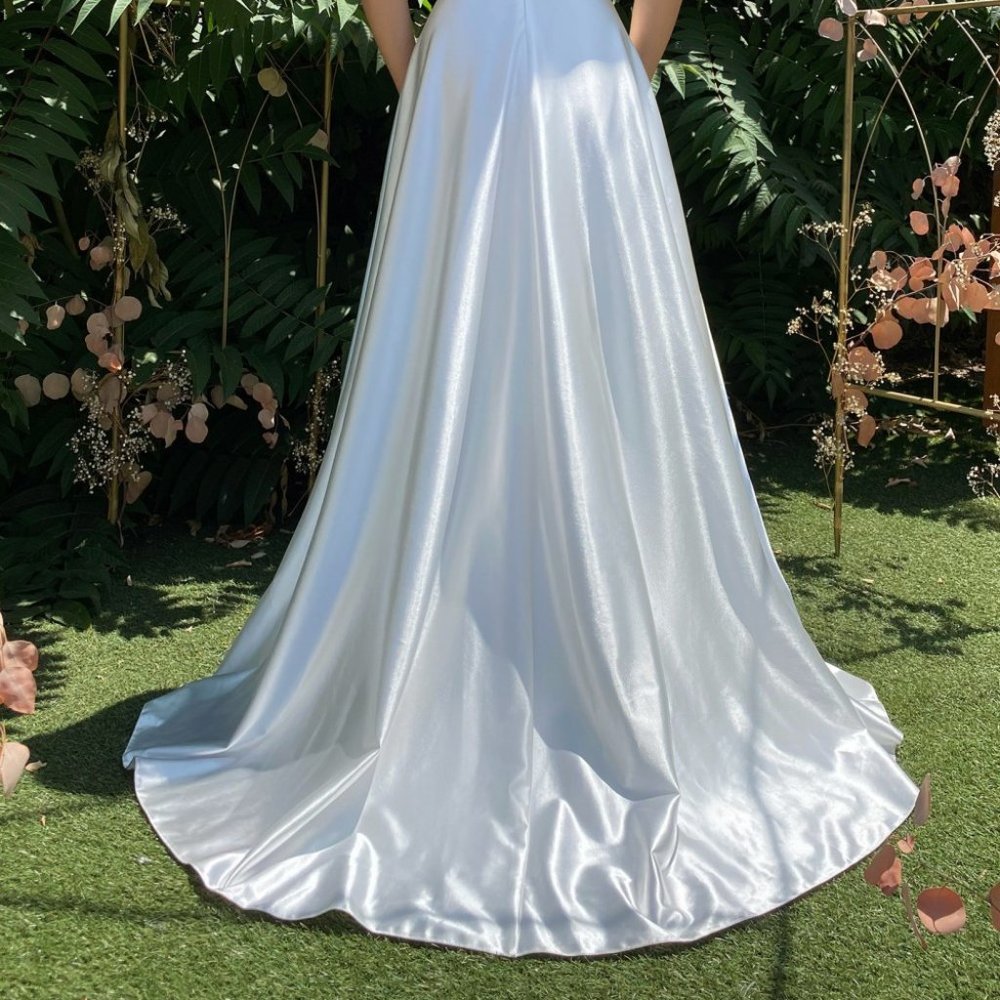 NEW WHITE PROM WEDDING Pleated Bodice Leg Slit A-Line Prom Dress CD903W - Picture 4 of 7